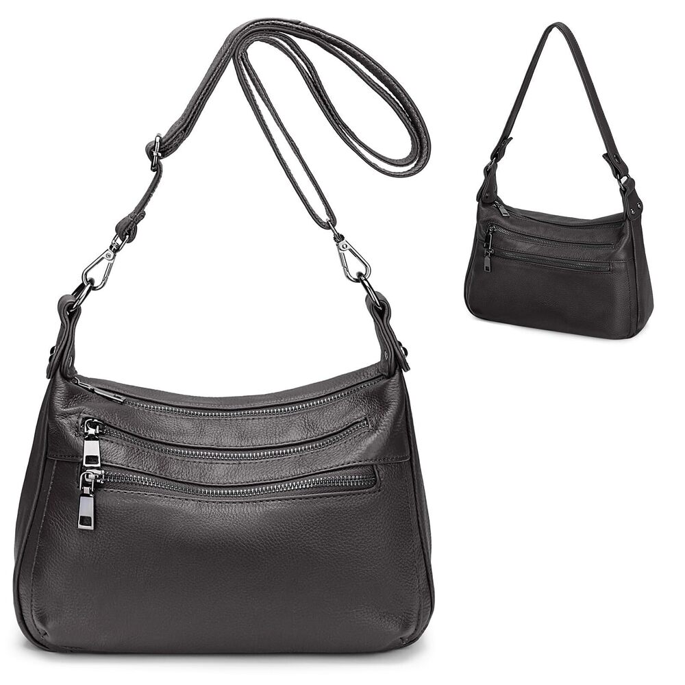 9928 Real Leather Shoulder Bag Medium Size Handbag Purse with Multiple Zip